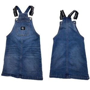 Calvin Klein Jeans Sz S 7 YOUTH Halter OVERALLS DRESS BLUE DENIM JEAN CK LOGO